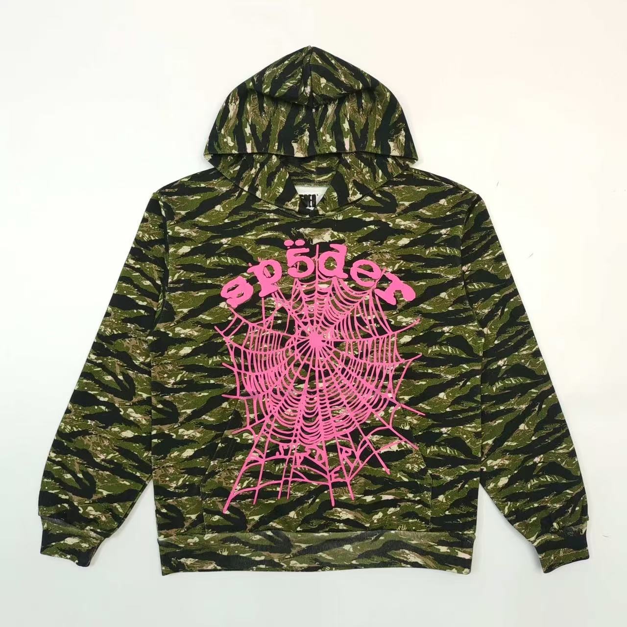 1: 1 best quality sp5der pink spider web green camouflage hoodie