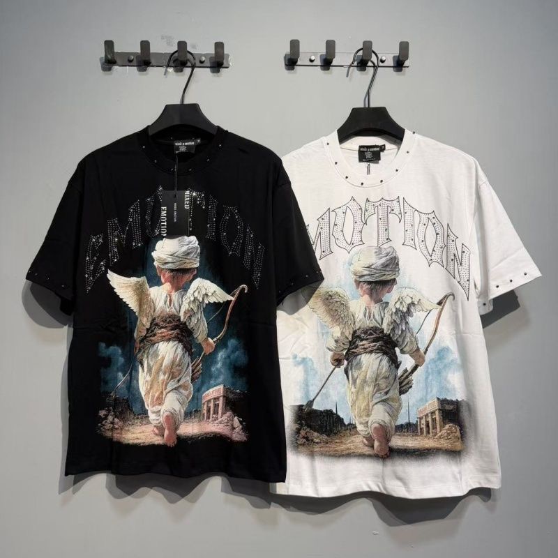 Mixed EMOTION Little Angel Printed Hot Diamond Letter Couple Short sleeved T-shirt